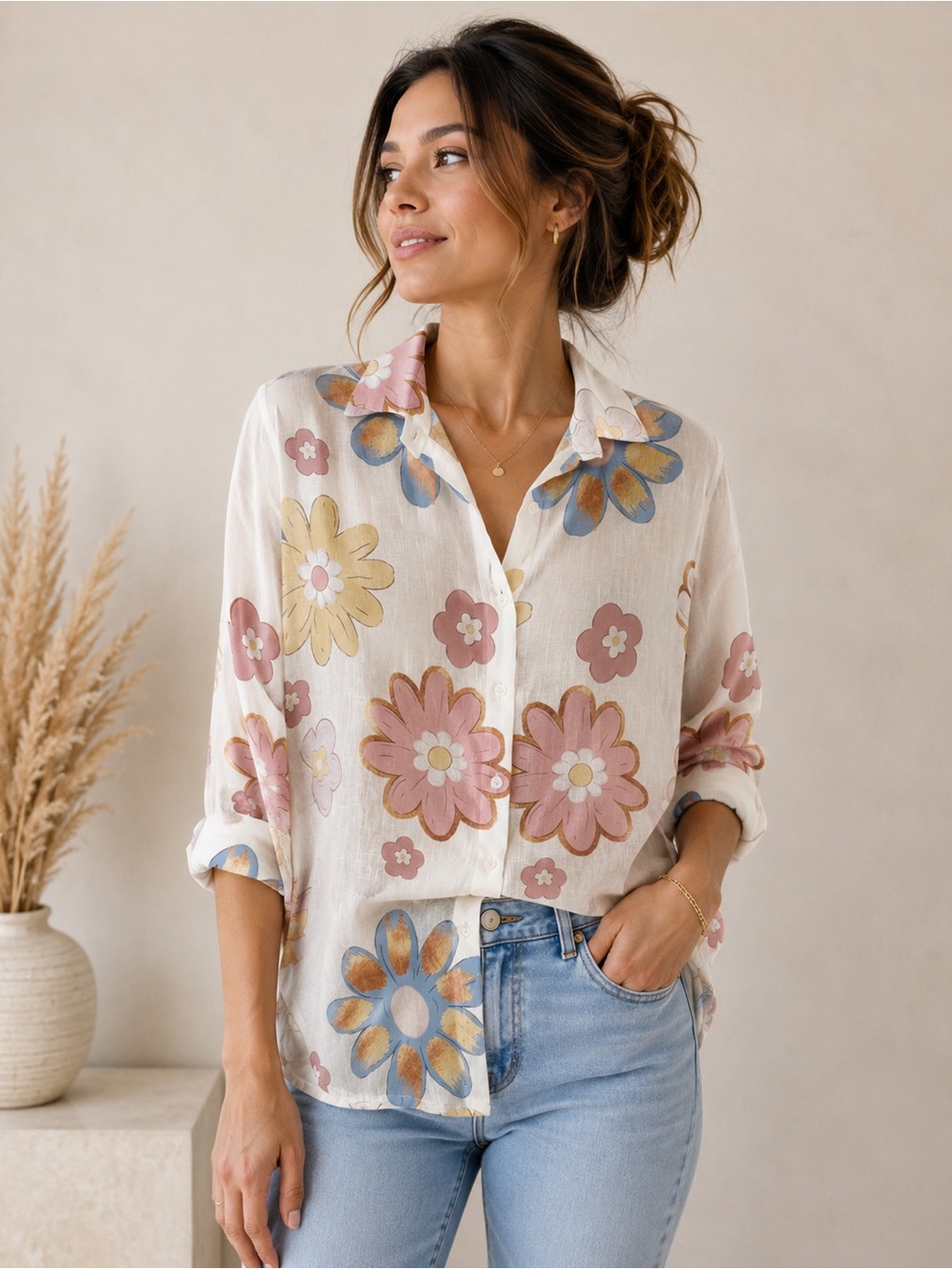 Oversized Floral Button-Up Shirt Top One Size Fits L | Pink Blue Flower Print |